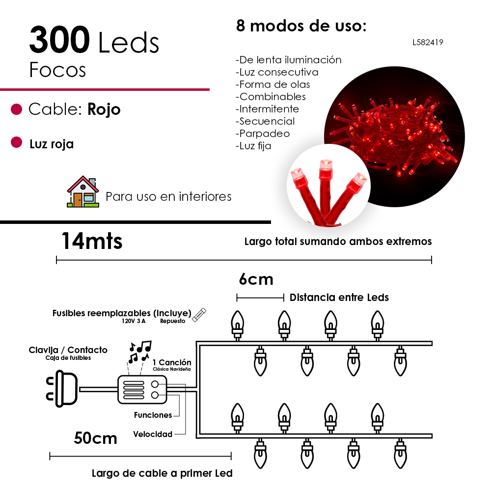 Foto 3 pulgar | Serie Navideña Musical 300 Luces Led Luz Roja 14 Metros Cable Rojo 8 Funciones