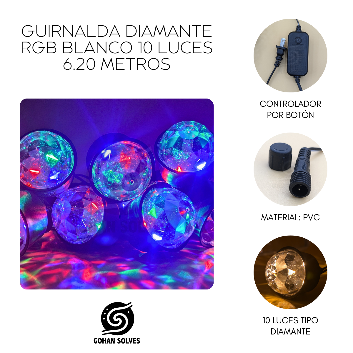 Foto 4 pulgar | Guirnalda Luces Led Rgb Decorativa Diamante Blanco, Luz Cálida Y Multicolor, Apta Para Uso En Jardín, Interior