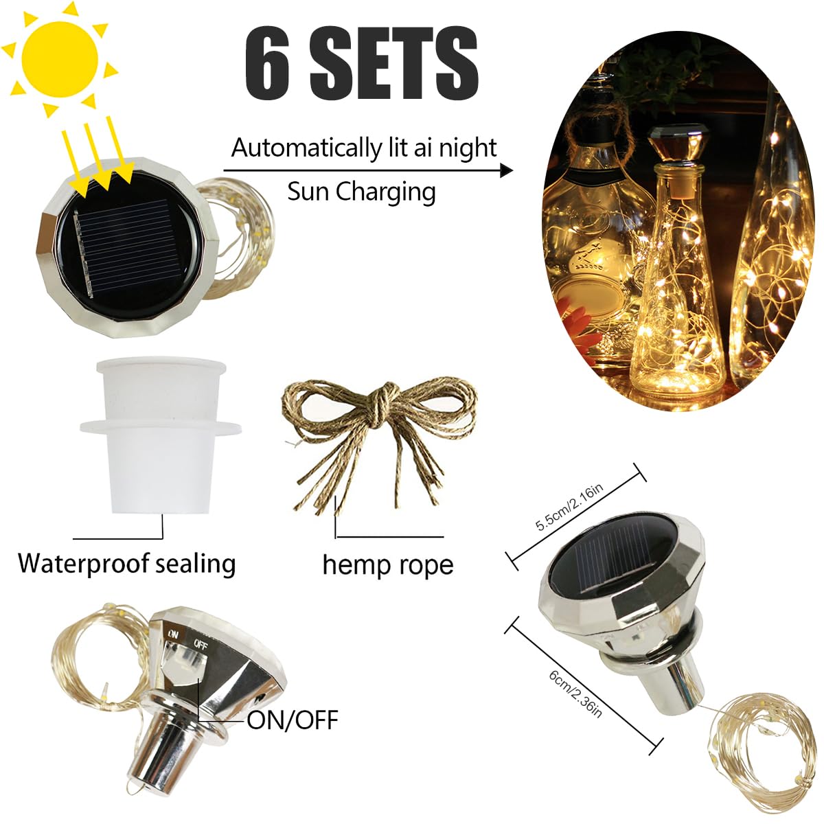 Foto 4 pulgar | Luces Solares Para Botellas De Vino, 2 M, 20 Led, Alambre De Cobre, Cadena De Hadas - Venta Internacional.