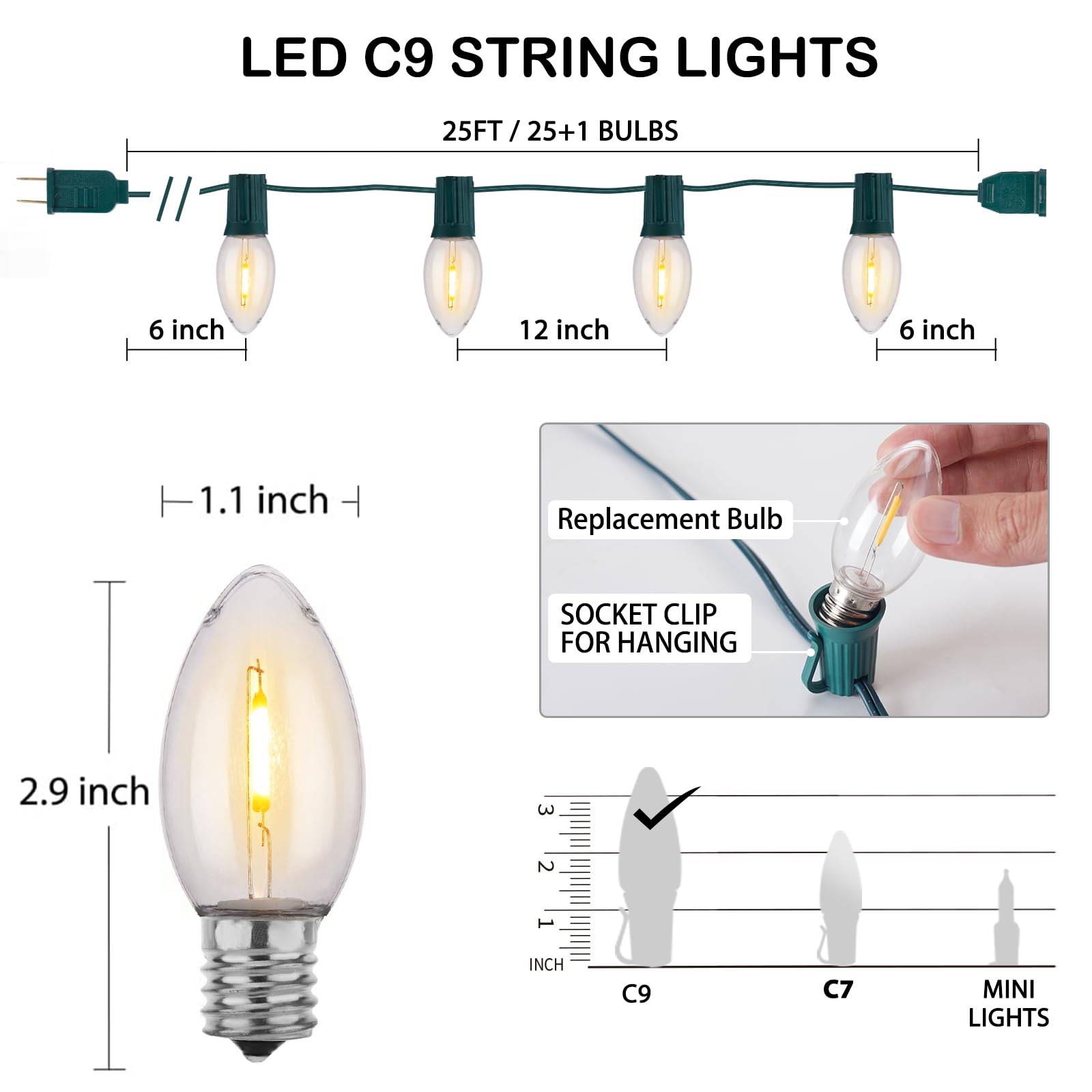 Foto 4 | Luces Navideñas Minetom Vintage C9 25 M 25 Led Blanco Cálido - Venta Internacional.