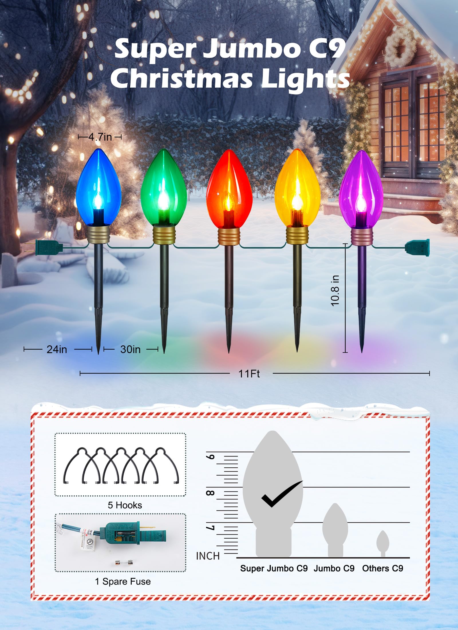 Foto 3 pulgar | Cadena De Luces Brightown Super Jumbo C9 De 11 Pies Y 5 Led, Multicolor - Venta Internacional.