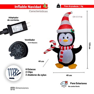 Foto 2 | Inflable Navideño Pingüino Tierno con Bastón Importadora La Merced Poliéster Pu Alta Resistencia con Iluminación Led
