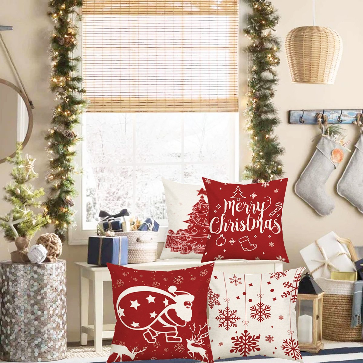 Foto 2 | Fundas de Almohadas Navideñas Wünd Blanco con Rojo 4 Piezas