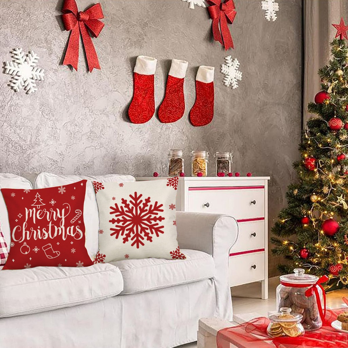 Foto 4 pulgar | Fundas de Almohadas Navideñas Wünd Blanco con Rojo 4 Piezas