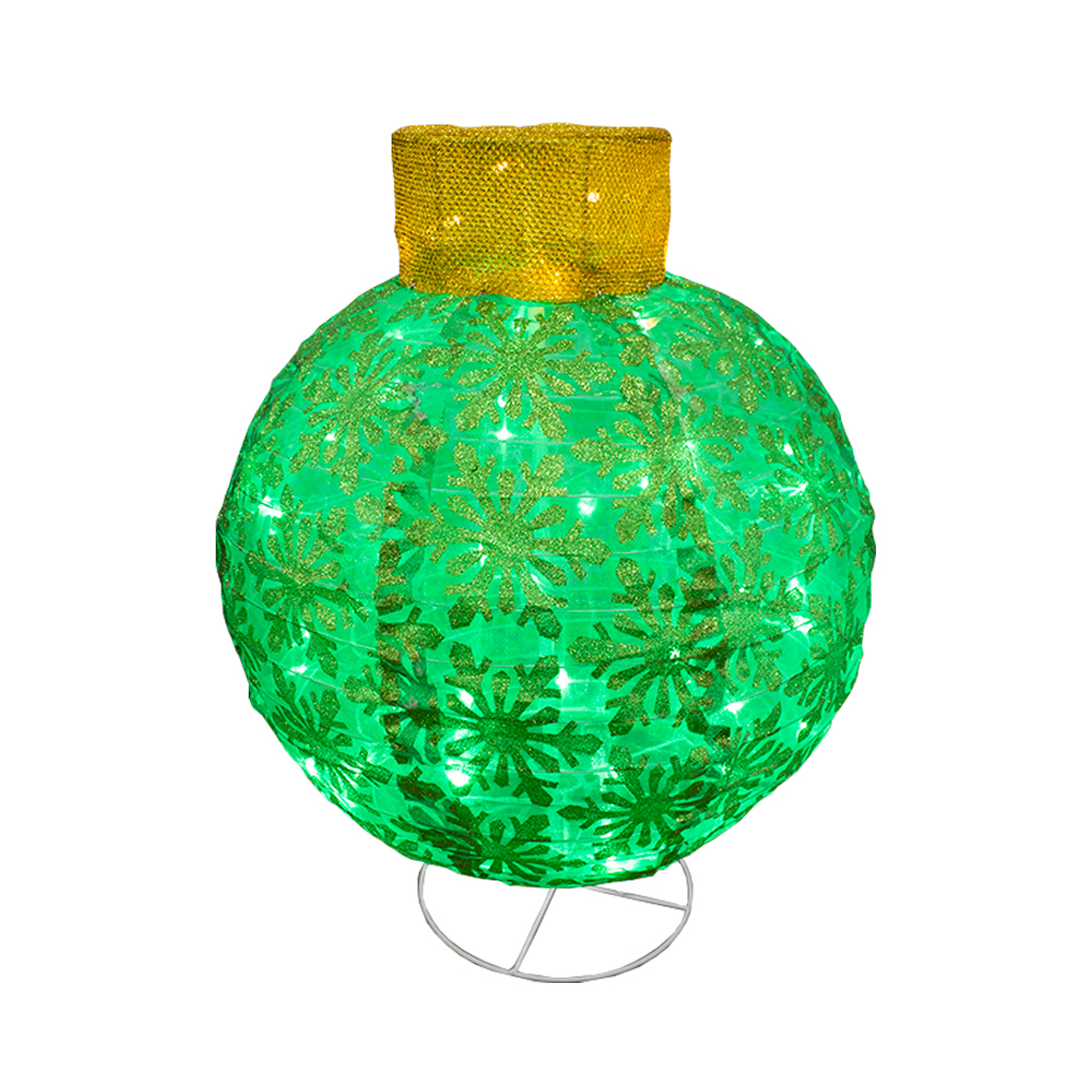 Esfera Gigante Navideña Color Verde De Tela Con Luces Led 50cm Base Metal