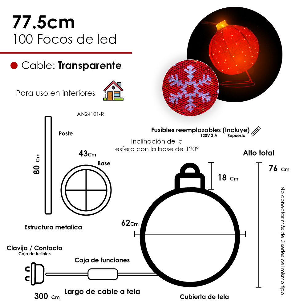 Foto 2 | Esfera Gigante Navideña De Tela Con Luces Led 77cm Base Metal Color Rojo