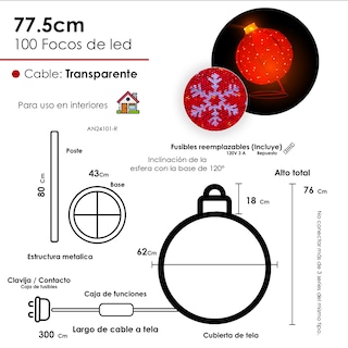 Foto 2 | Esfera Gigante Navideña De Tela Con Luces Led 77cm Base Metal Color Rojo