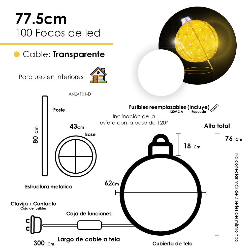 Foto 2 | Esfera Gigante Navideña De Tela Con Luces Led 77cm Base Metal Color Dorado