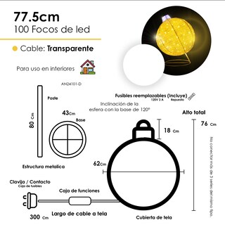 Foto 2 | Esfera Gigante Navideña De Tela Con Luces Led 77cm Base Metal Color Dorado