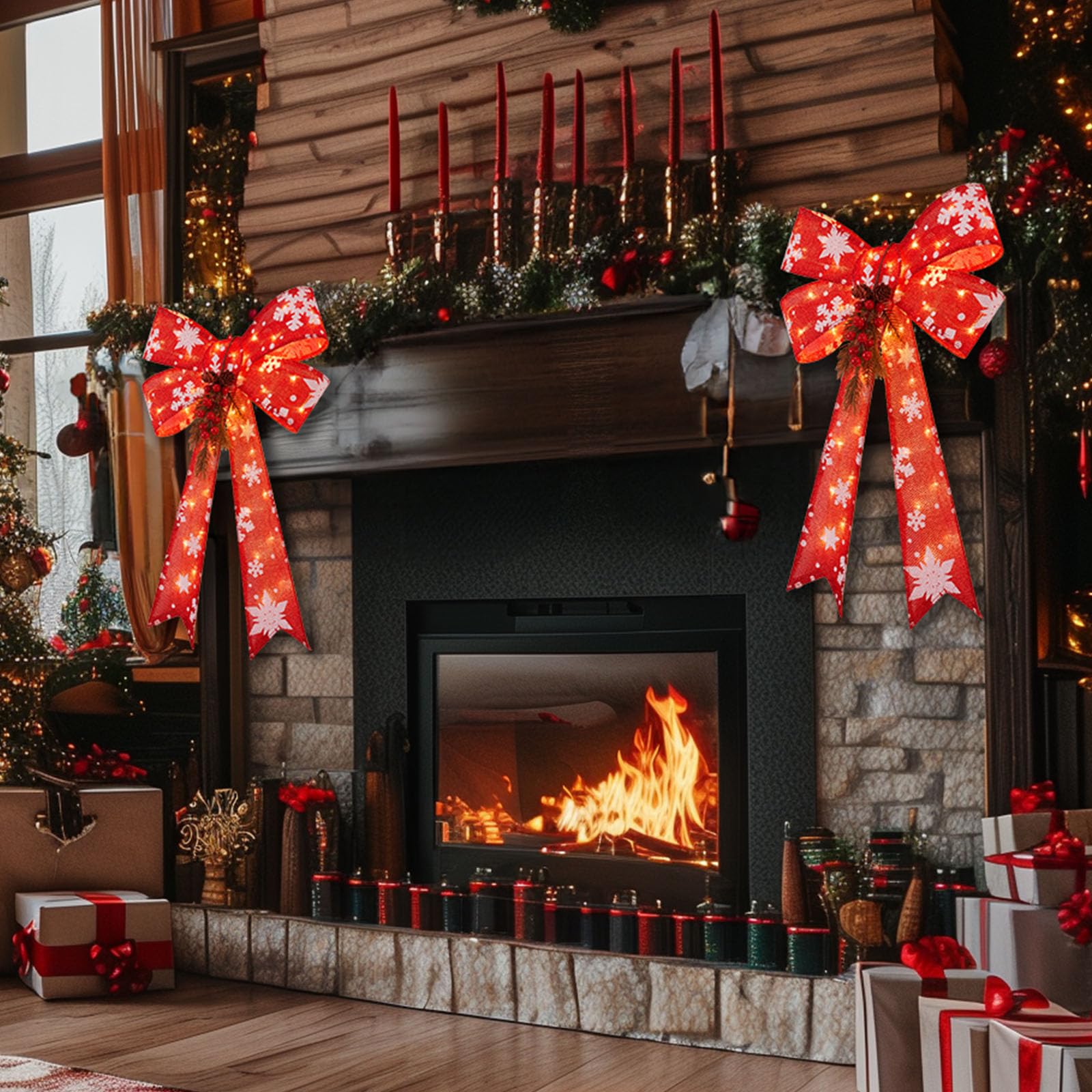 Foto 2 | Adornos Navideños, Paquete De 2 Lazos Rojos Con 45 Luces Led De 60 Cm - Venta Internacional.