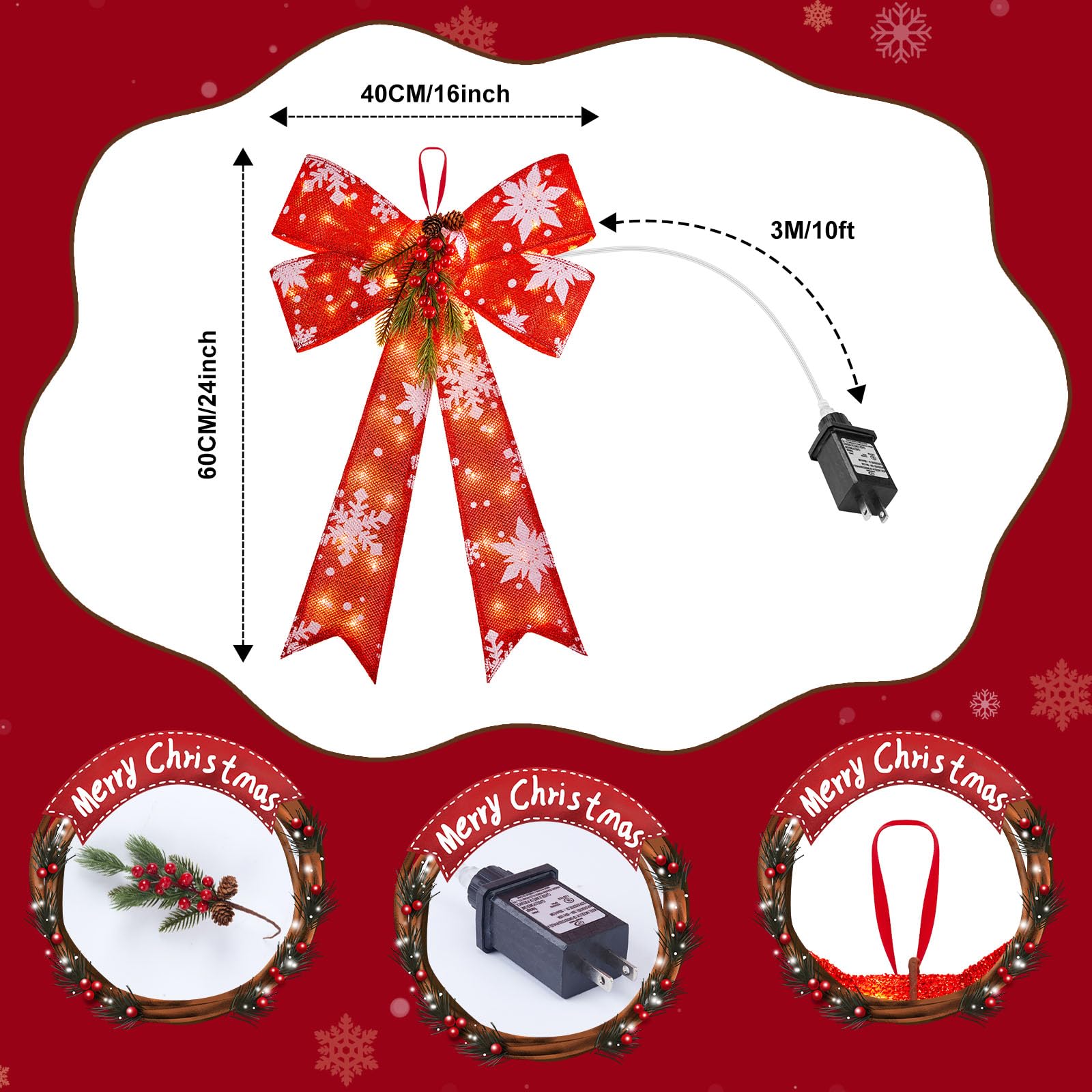 Foto 3 | Adornos Navideños, Paquete De 2 Lazos Rojos Con 45 Luces Led De 60 Cm - Venta Internacional.