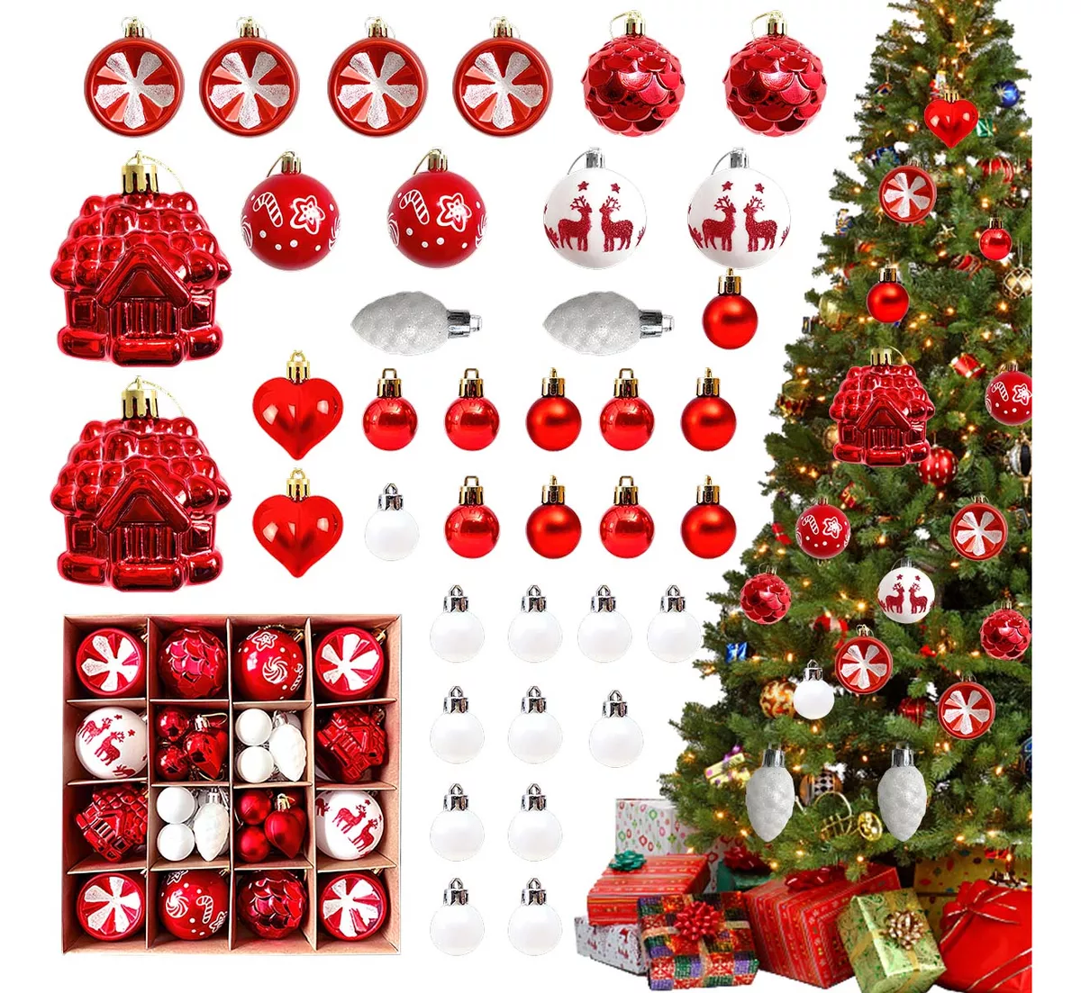 Foto 2 | 40 Pcs Esferas Navideñas Rojo Y Blanco Decorativa De Navidad Rojo Y Blanco