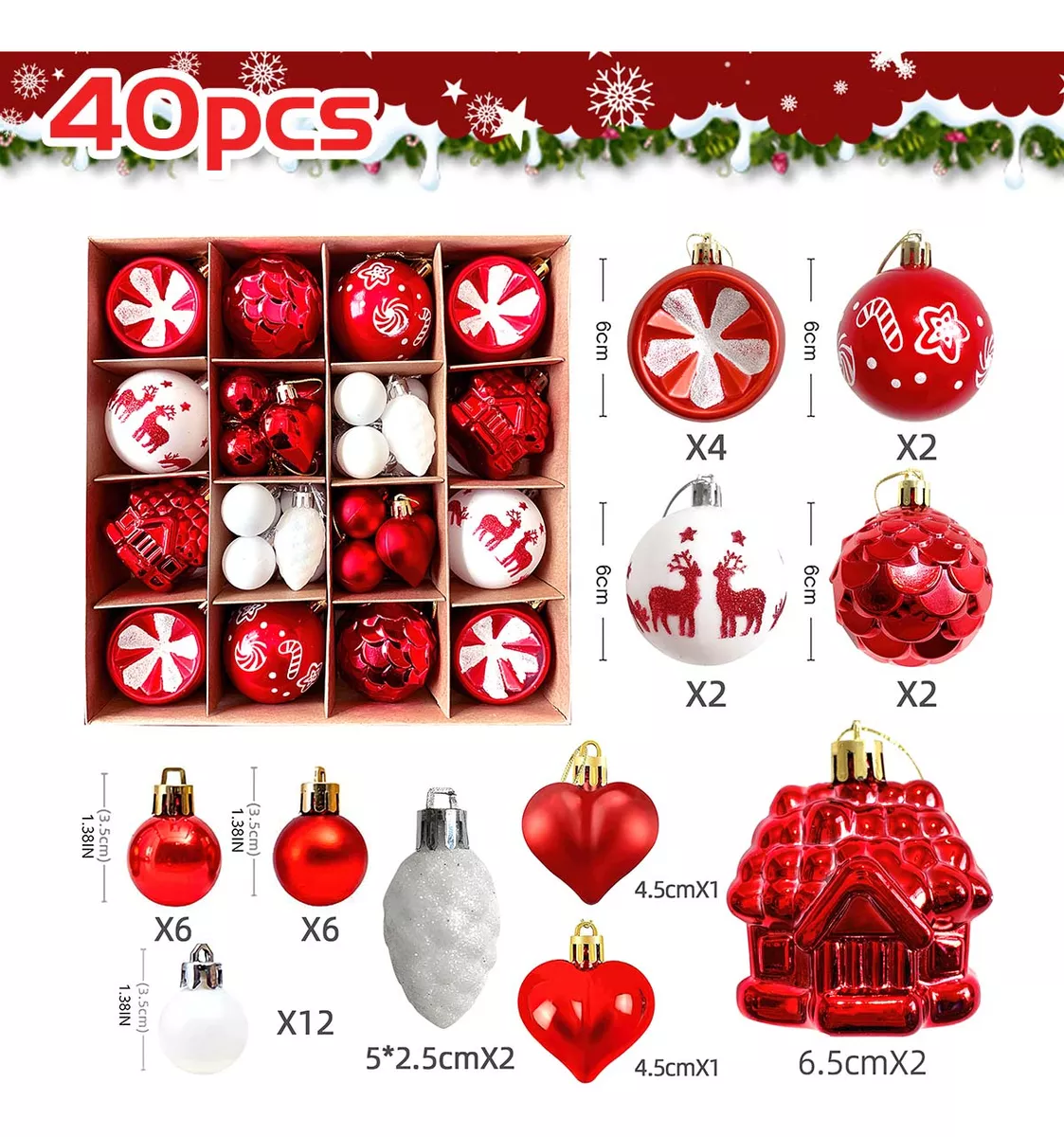 Foto 4 pulgar | 40 Pcs Esferas Navideñas Rojo Y Blanco Decorativa De Navidad Rojo Y Blanco