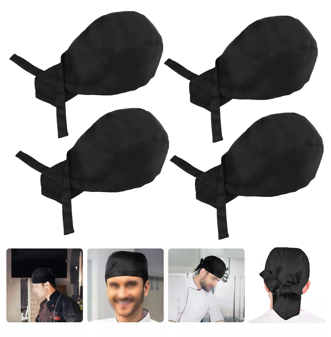 Foto 2 | Gorro De Pañuelo De Chef, Negro, Lazos, Talla Única 4 Pzs Negro
