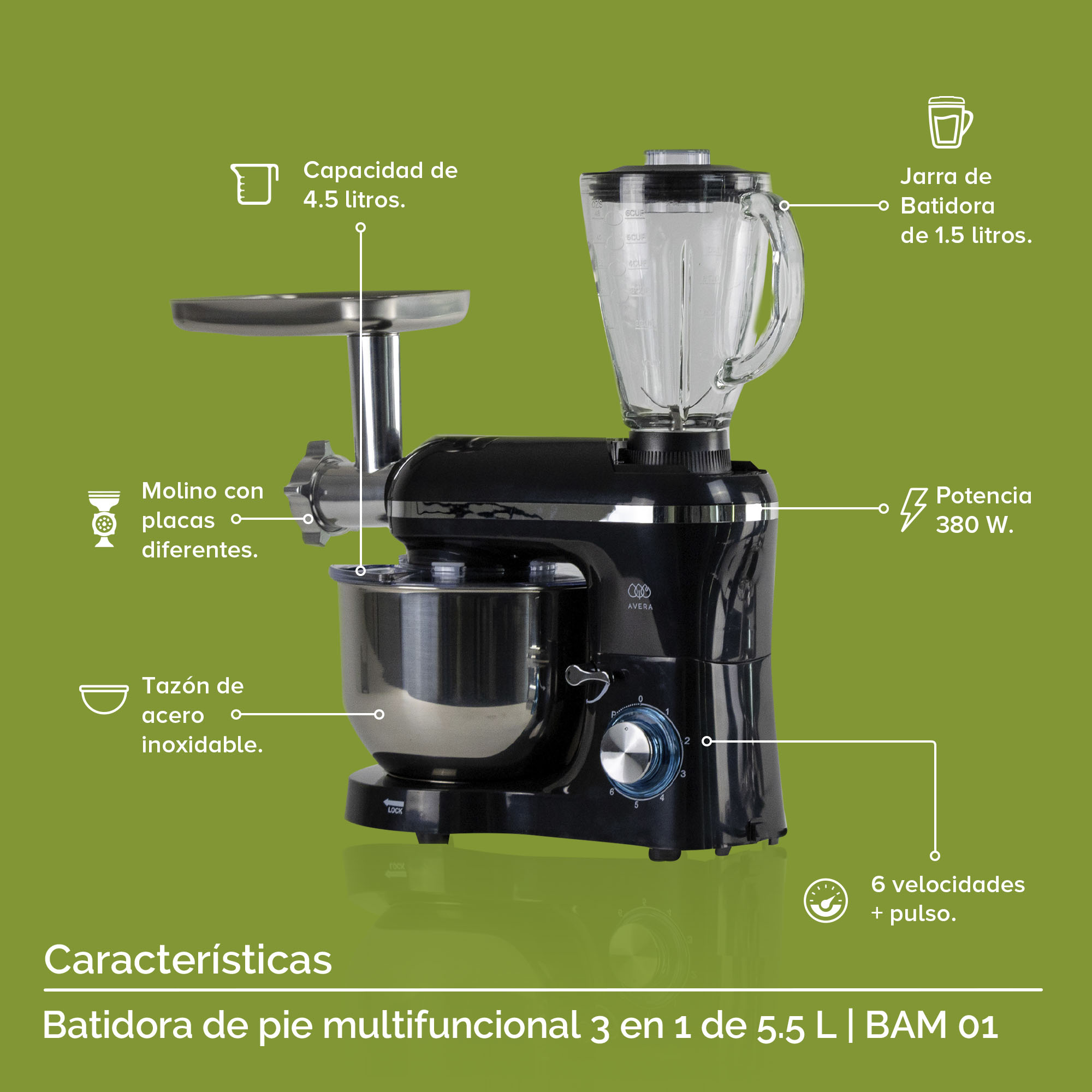 Foto 4 | Batidora de Pedestal Industrial Avera Bam01 Multifuncional 5.5 Litros