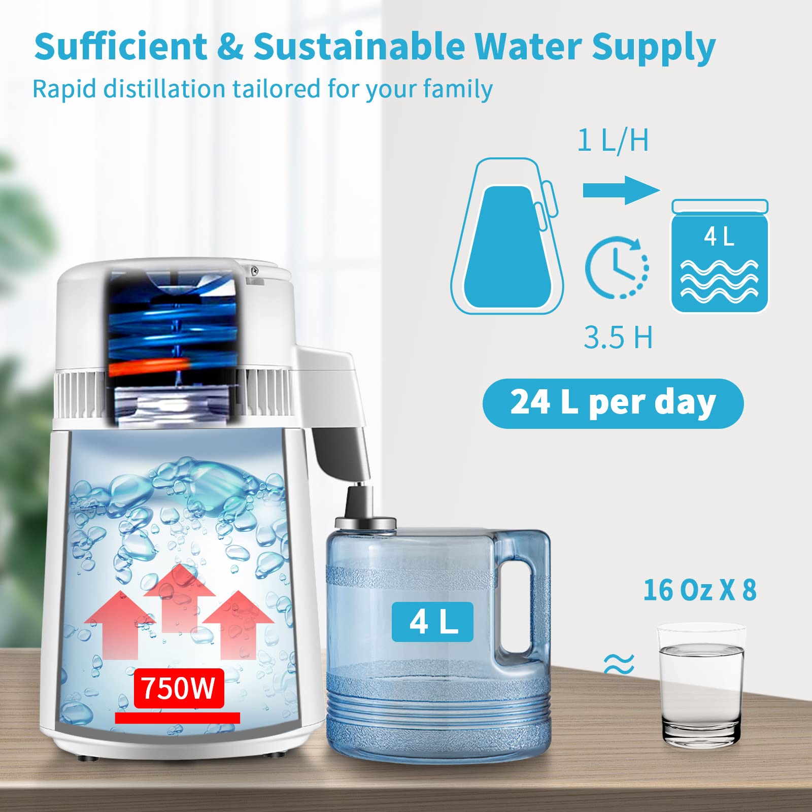 Foto 4 pulgar | Destilador De Agua Vevor 4l 0.3l/h 750w 0-99h Timing 304ss Blanco - Venta Internacional.