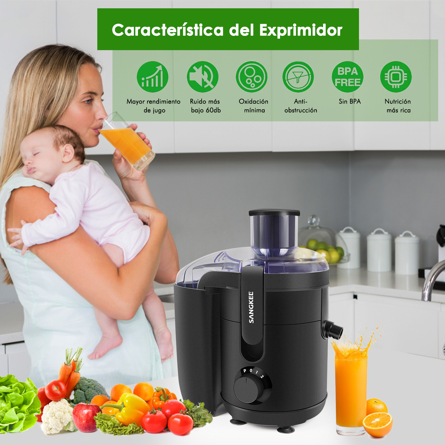 Foto 2 | Extractor de Jugos Sangkee K100053 Negro 2 Modos de Velocidad 350w