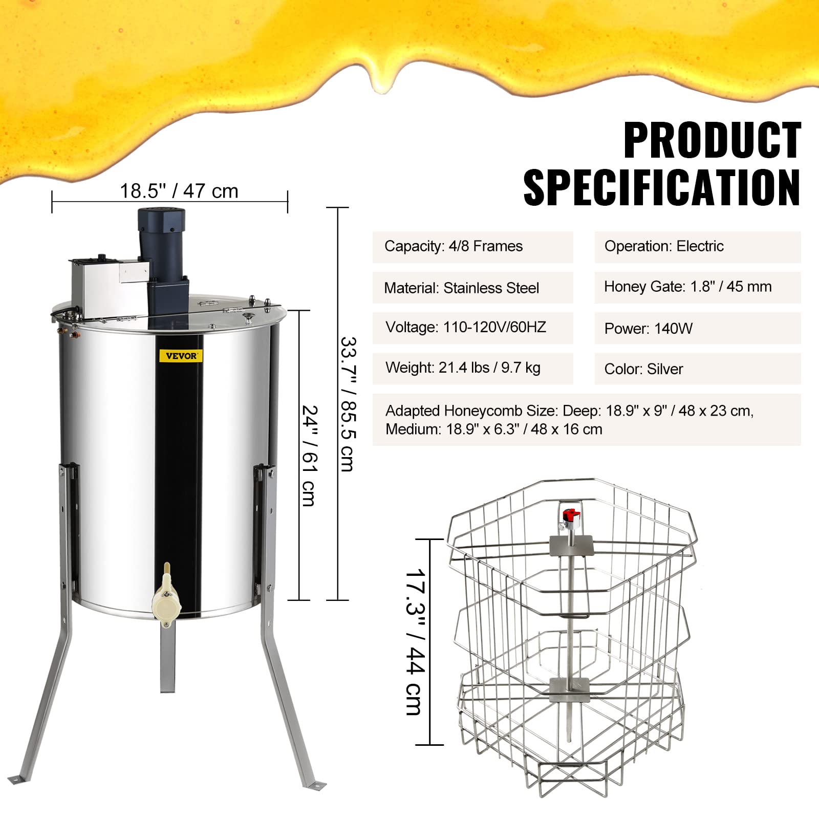 Foto 7 | Extractor Eléctrico De Miel Vevor 4/8 Con Marco De Acero Inoxidable - Venta Internacional.