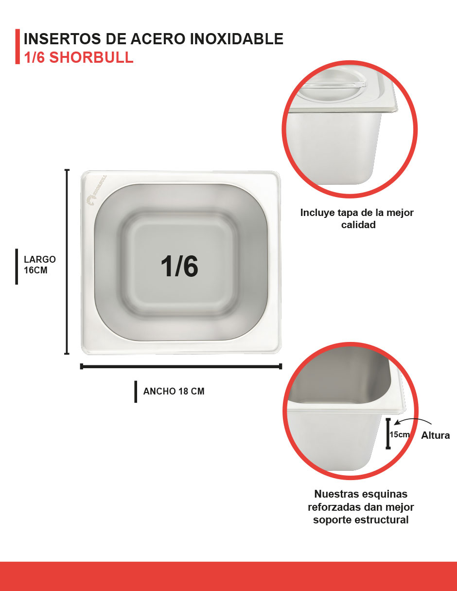 Foto 7 | Inserto Acero Inoxidable 1/6 Con Tapa 6.5 Cm Shorbull