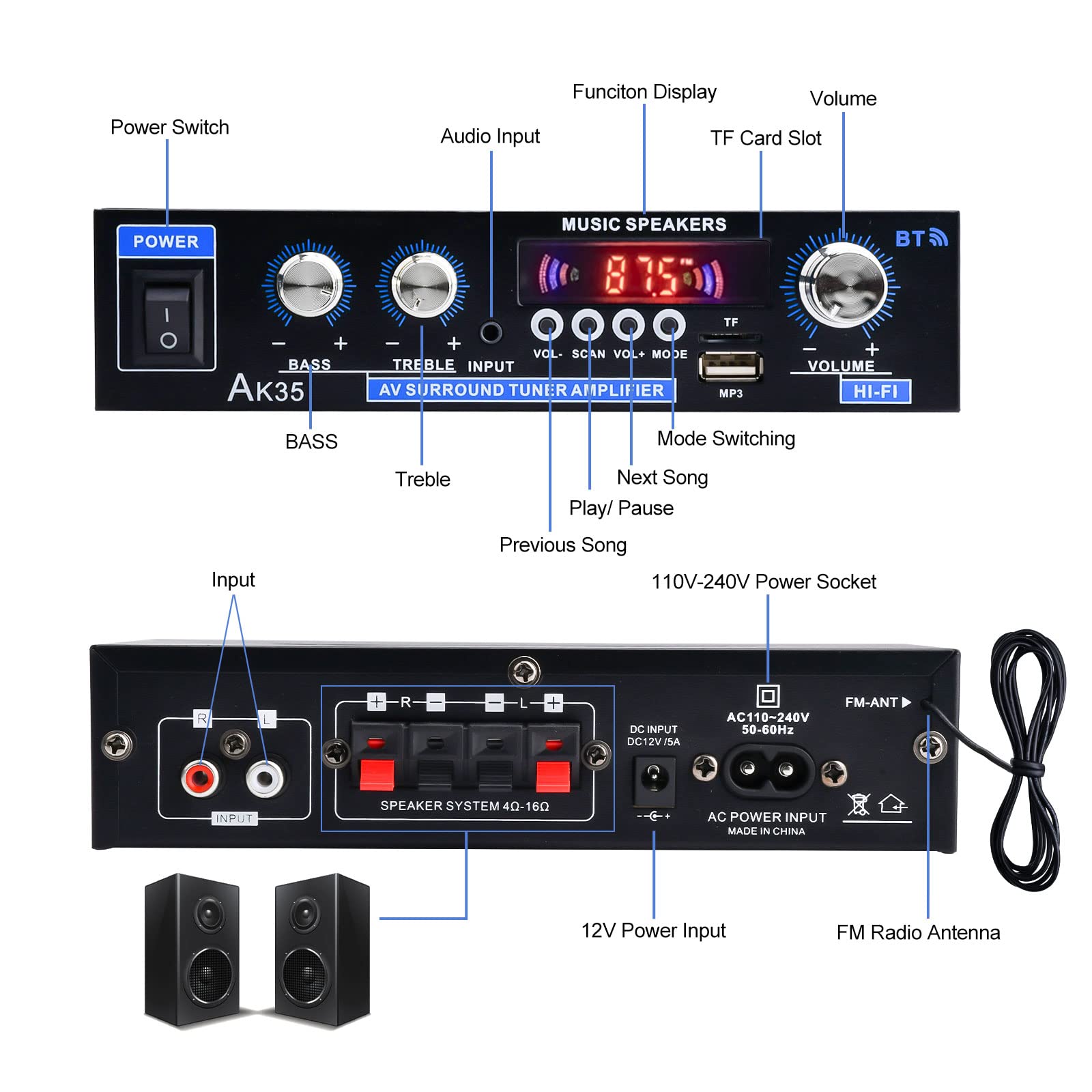 Foto 4 pulgar | Amplificador Daakro Ak35 200w Receptor De Audio Estéreo Bluetooth 5.0 - Venta Internacional.