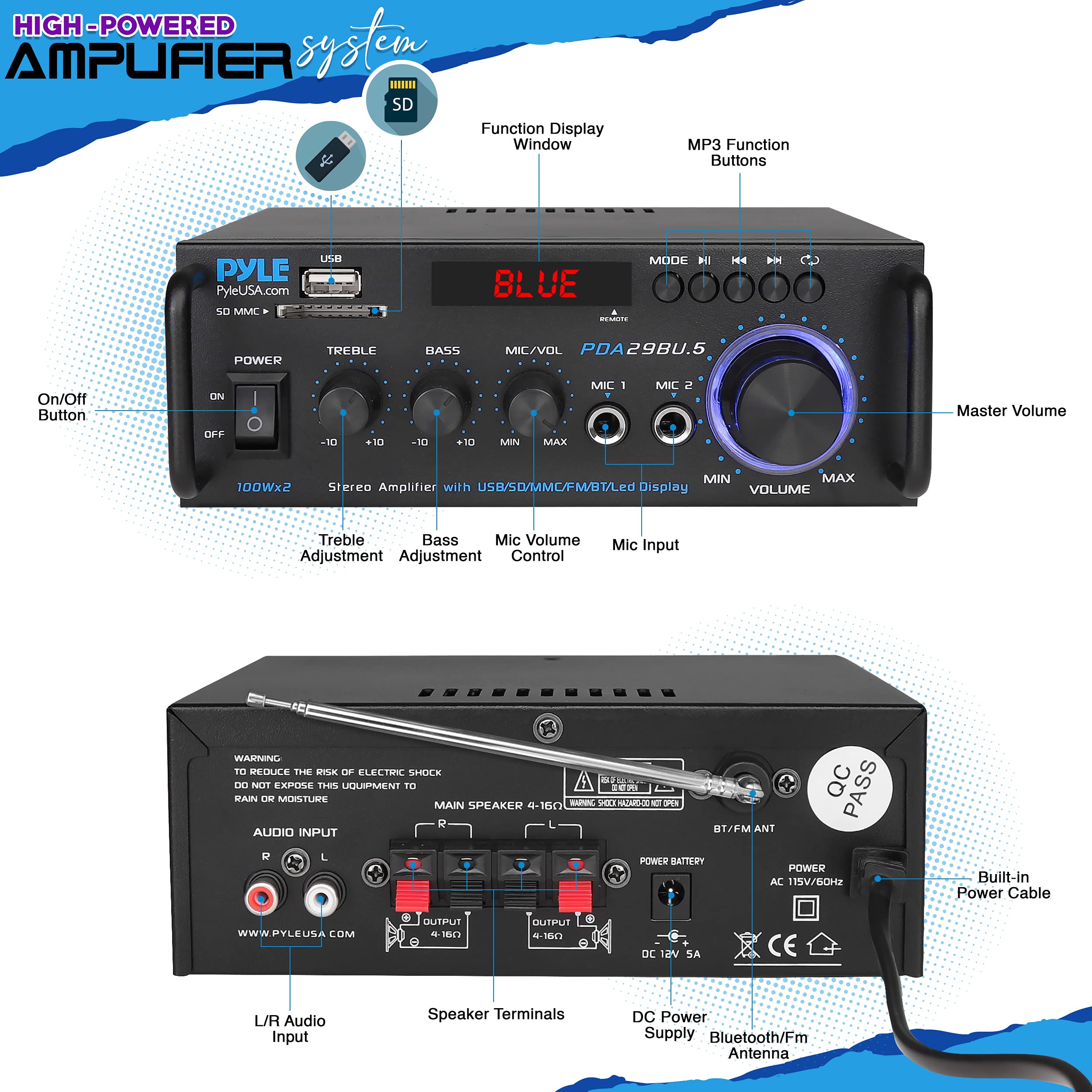 Foto 2 | Amplificador De Potencia Estéreo Pyle Pda29bu.5 200w Con Bluetooth - Venta Internacional.