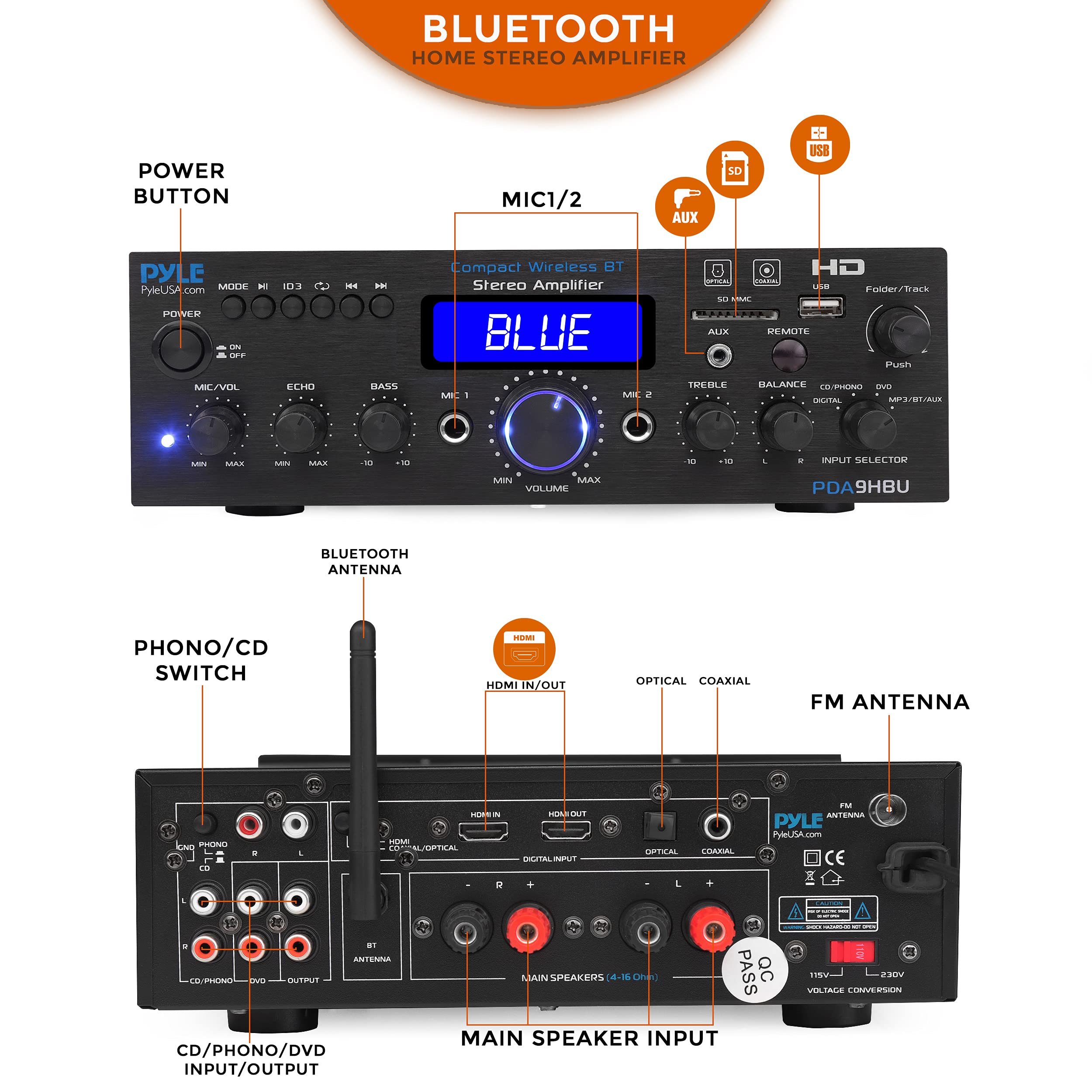 Foto 3 pulgar | Inicio Amplificador Estéreo Pyle Pda9hbu 200w Bluetooth Con Hdmi - Venta Internacional.