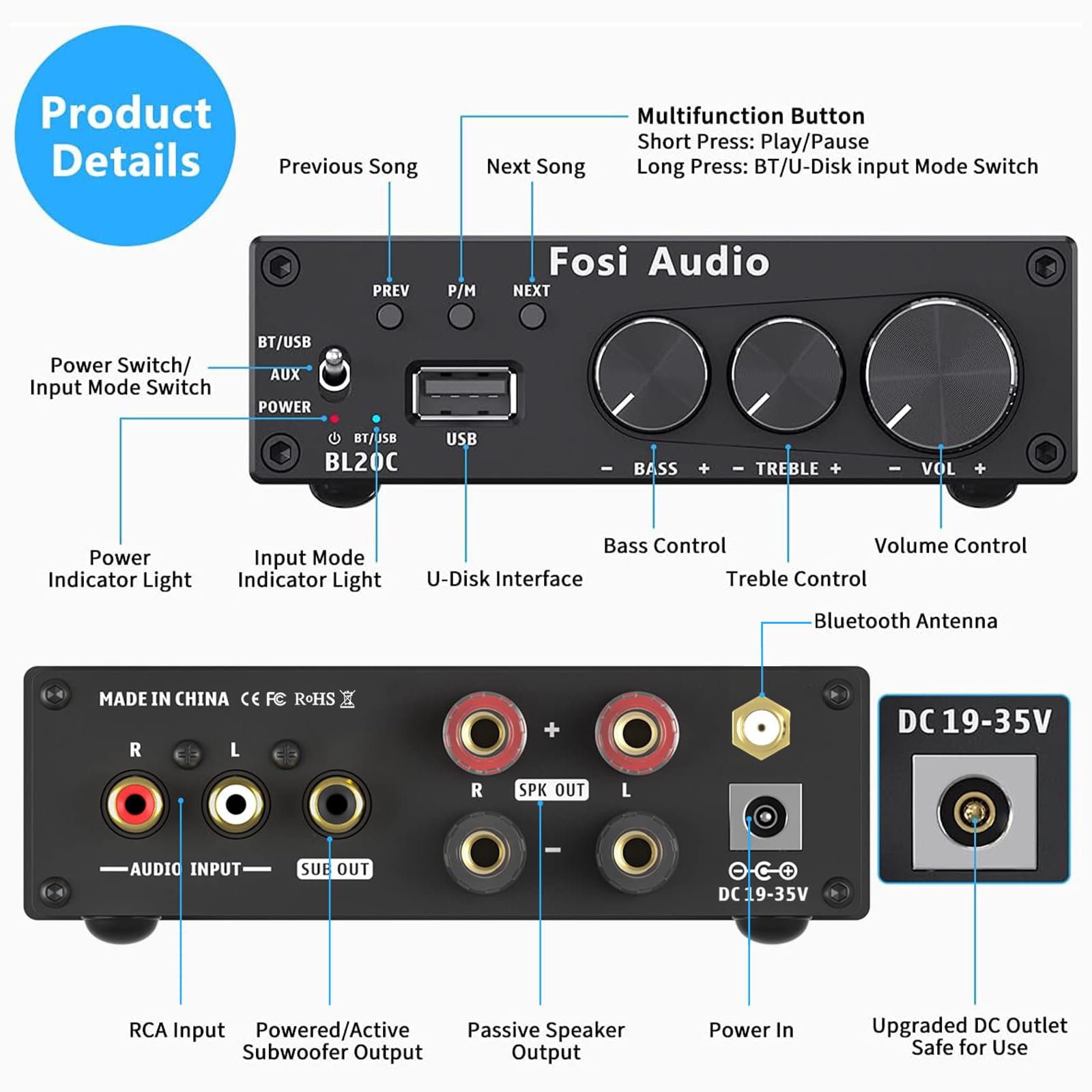 Foto 3 pulgar | Amplificador Receptor De Audio Estéreo Bluetooth 5.0 Fosi Audio Bl20c - Venta Internacional.