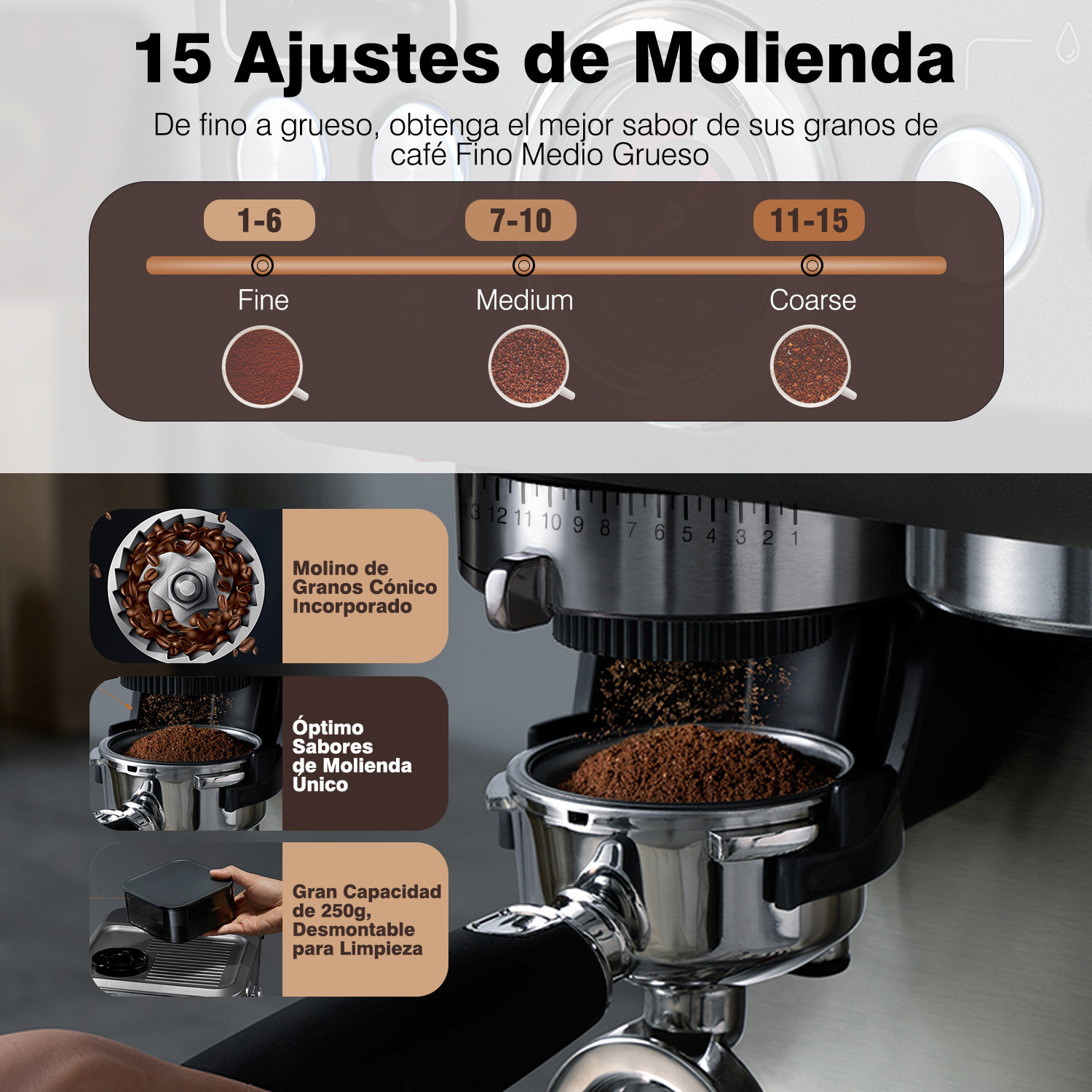 Foto 4 pulgar | Cafetera Expresso Plateada con Molinillo Café Y Vaporizador De Leche Sangkee K100089