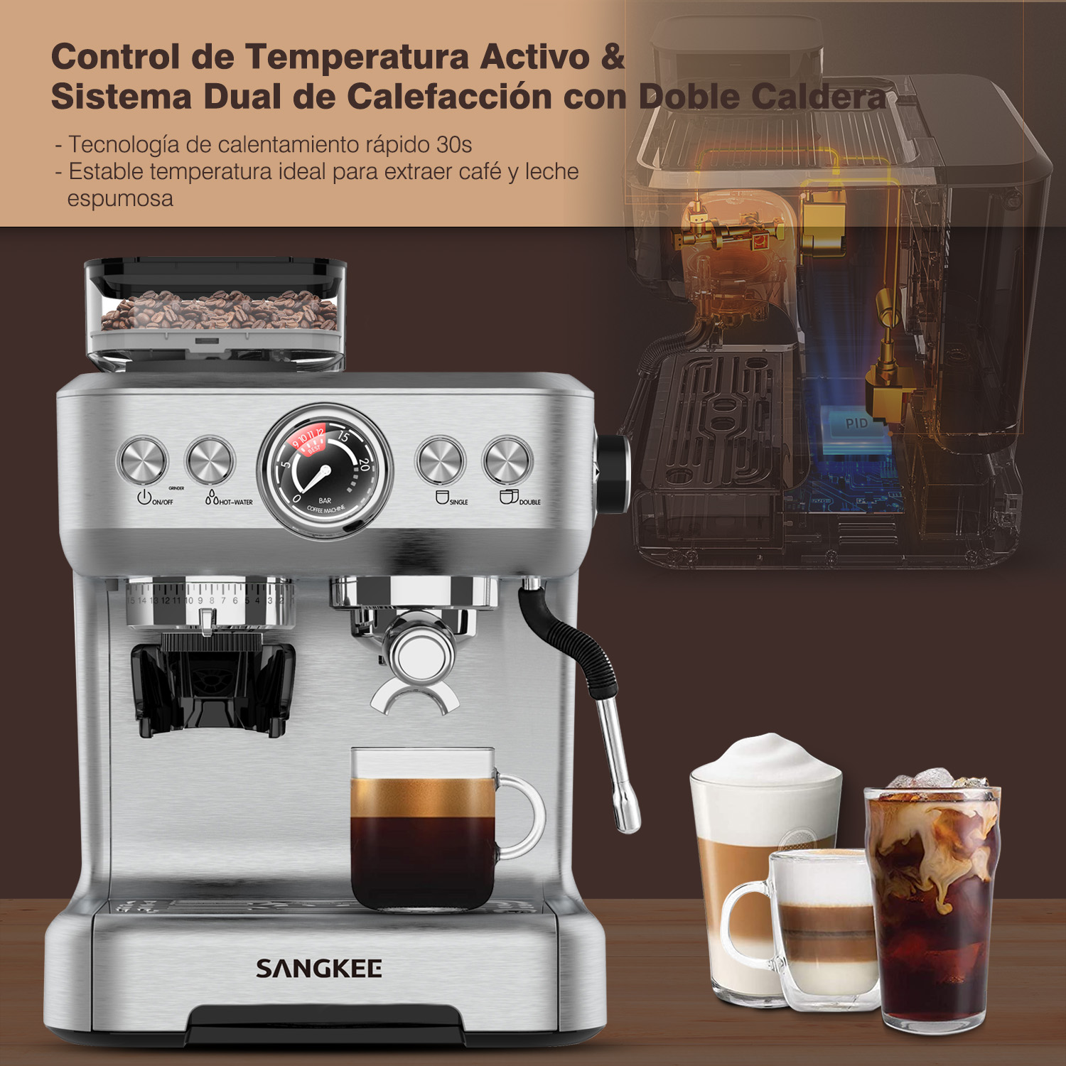 Foto 6 | Cafetera Expresso Plateada con Molinillo Café Y Vaporizador De Leche Sangkee K100089