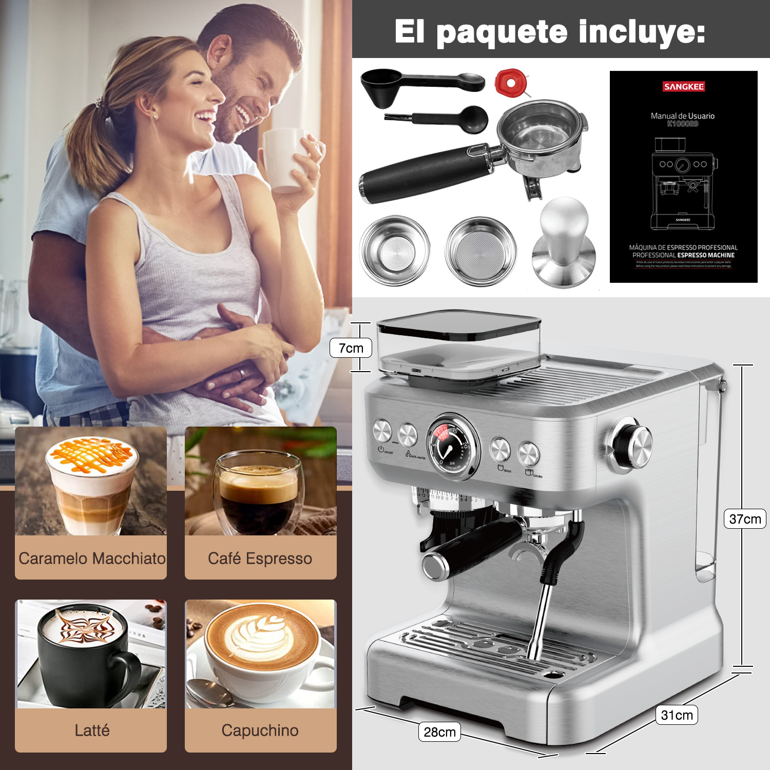Foto 7 | Cafetera Expresso Plateada con Molinillo Café Y Vaporizador De Leche Sangkee K100089