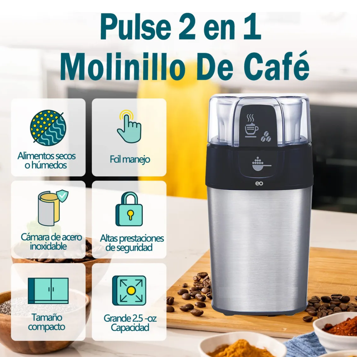 Foto 4 pulgar | Molino De Café Eléctrico Portátil Eo Safe Imports Esi-20313 Plata