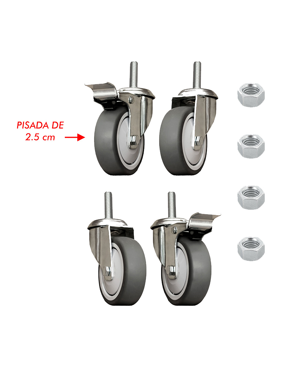 Foto 3 pulgar | Pack De 4 Ruedas Mindejal Minru30 Gris Acero Inoxidable Incluye Dos Con Freno Y Dos Sin Freno