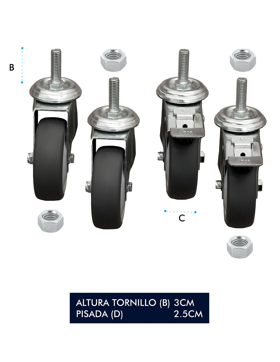 Foto 4 pulgar | Pack De 4 Ruedas Mindejal Minru30 Gris Acero Inoxidable Incluye Dos Con Freno Y Dos Sin Freno