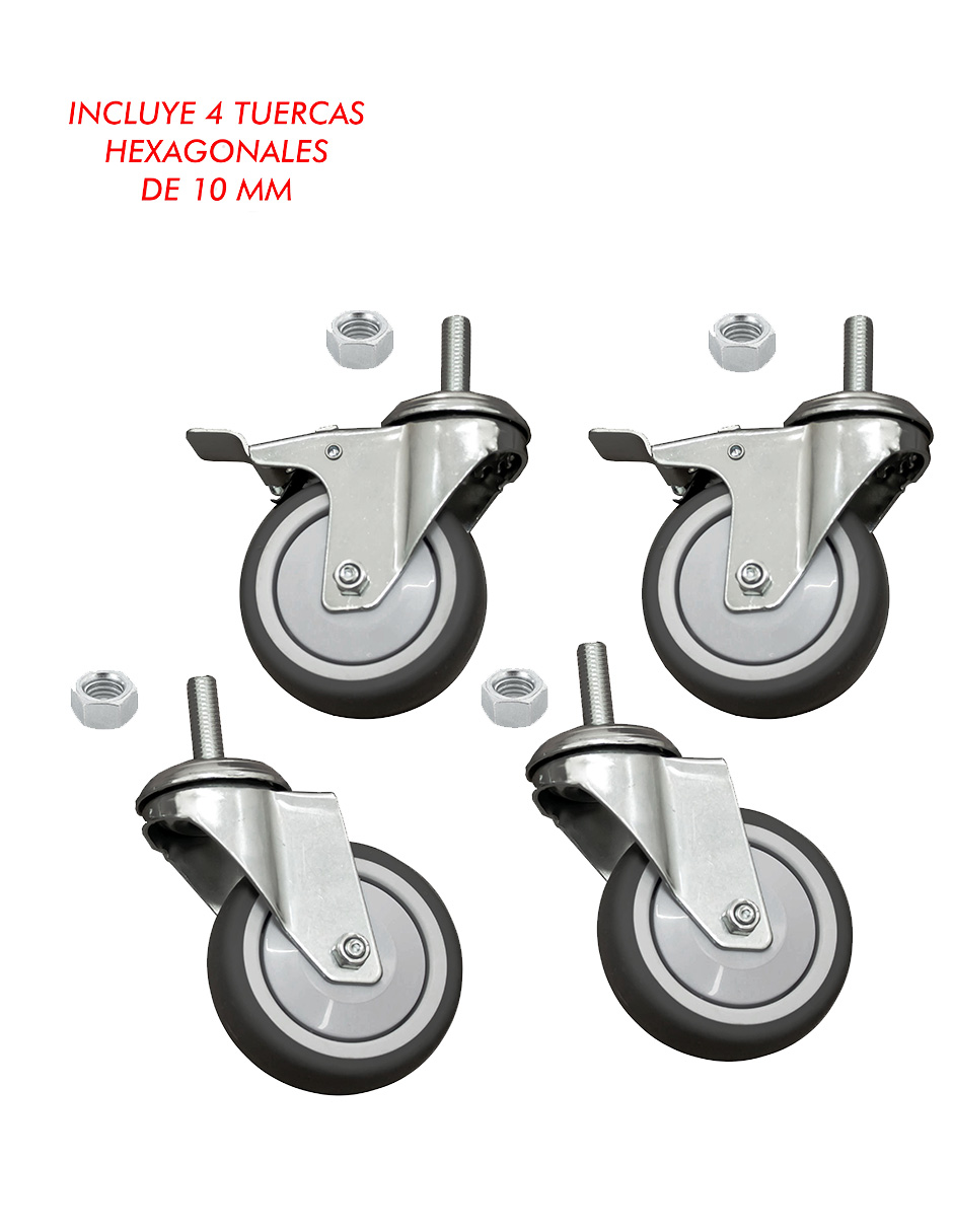 Foto 6 pulgar | Pack De 4 Ruedas Mindejal Minru30 Gris Acero Inoxidable Incluye Dos Con Freno Y Dos Sin Freno
