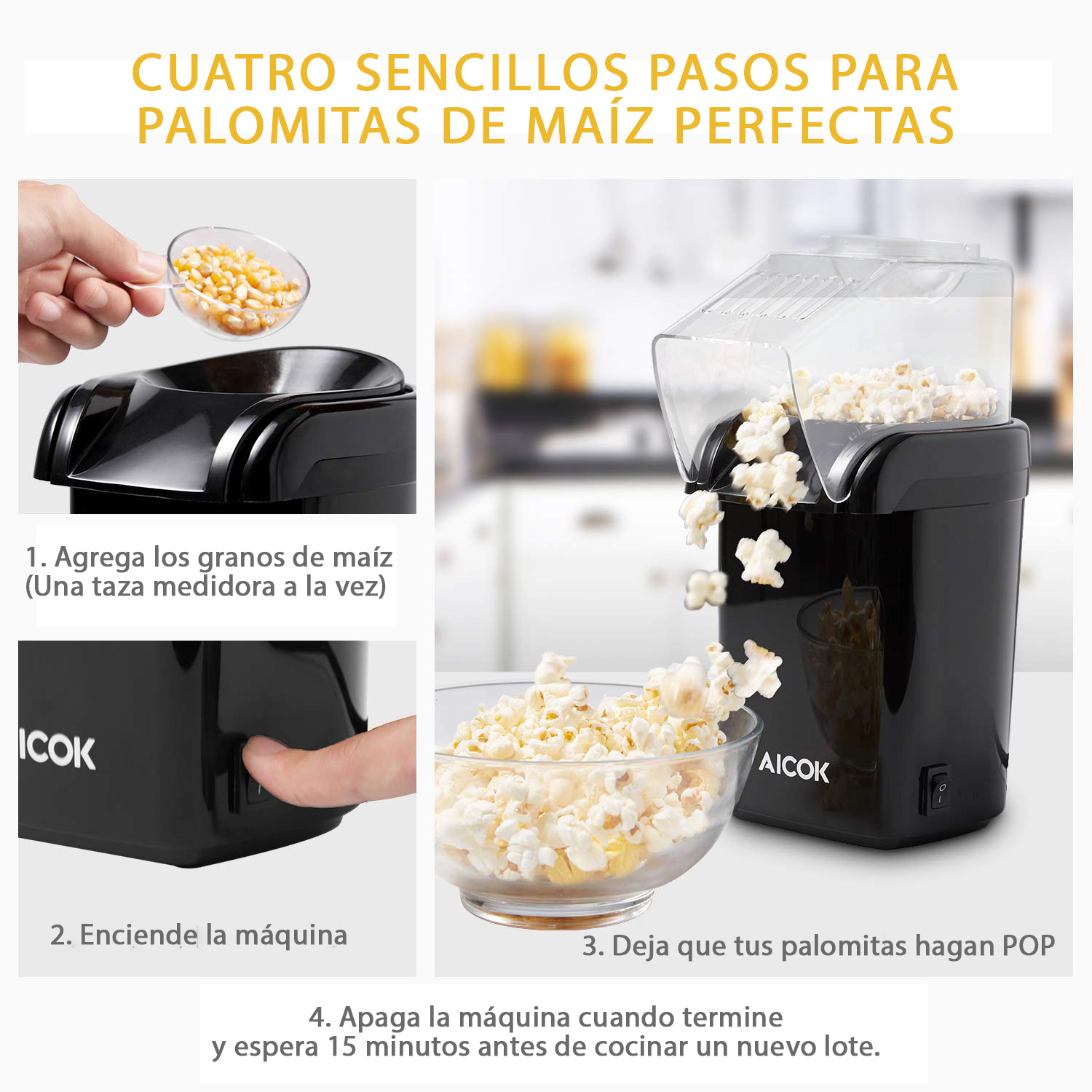 Foto 4 pulgar | Máquina de Palomitas Aicok por Aire Caliente - ¡Listas en 5 minutos sin aceite!