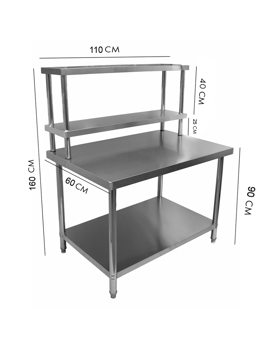 Mesa Con Repisa Doble Entrepaño  Mindejal Mcr-062 Gris De Acero Inoxidable Con Repisa Y Doble Entrepaño