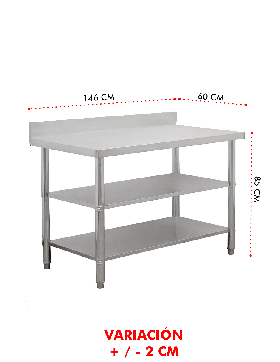 Mesa A Pared Doble 146x60 Mindejal Mcr-146-2 Gris De Acero Inoxidable Doble Entrepaño