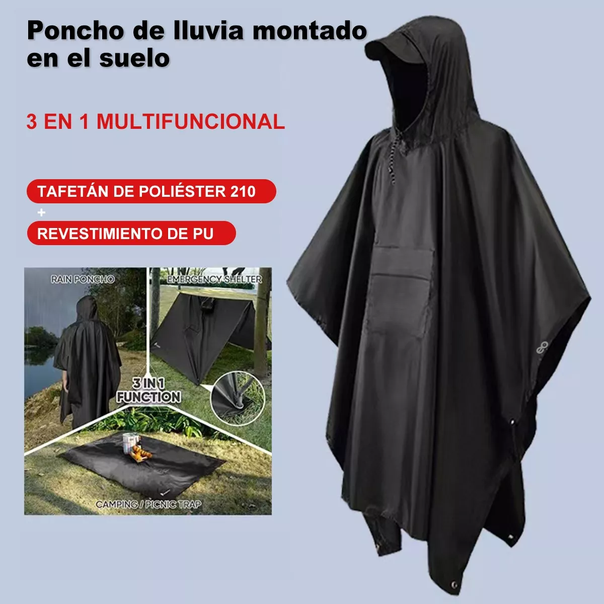 Foto 3 | Poncho De Camping Impermeable Eo Safe Imports Esi-12827 Negro