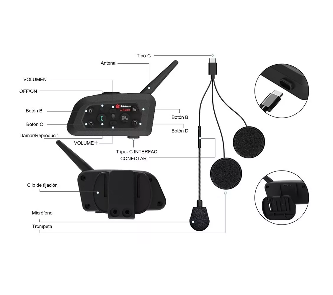 Foto 4 pulgar | Intercomunicador de Motocicleta BELUG para Casco Bluetooth Negro 2 Piezas