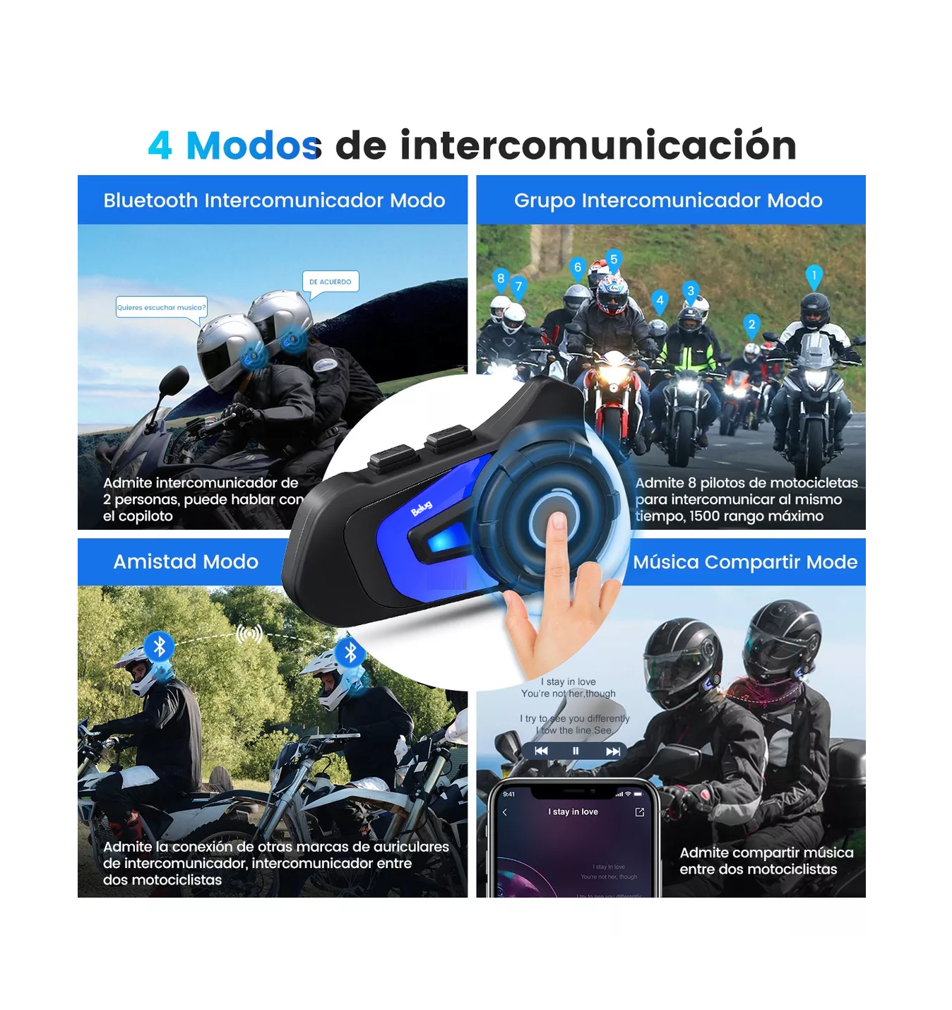 Foto 3 pulgar | Intercomunicador Belug Para Motocicleta Bluetooth Negro Con Azul