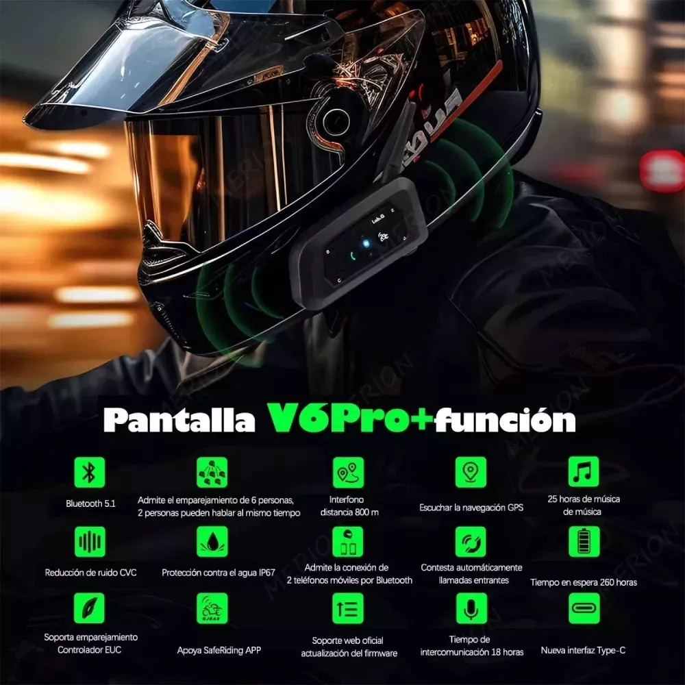 Foto 6 pulgar | Intercomunicador Lab.g V6pro Para Casco Motocicleta - 2 Pcs,bt, Ip65, Negro