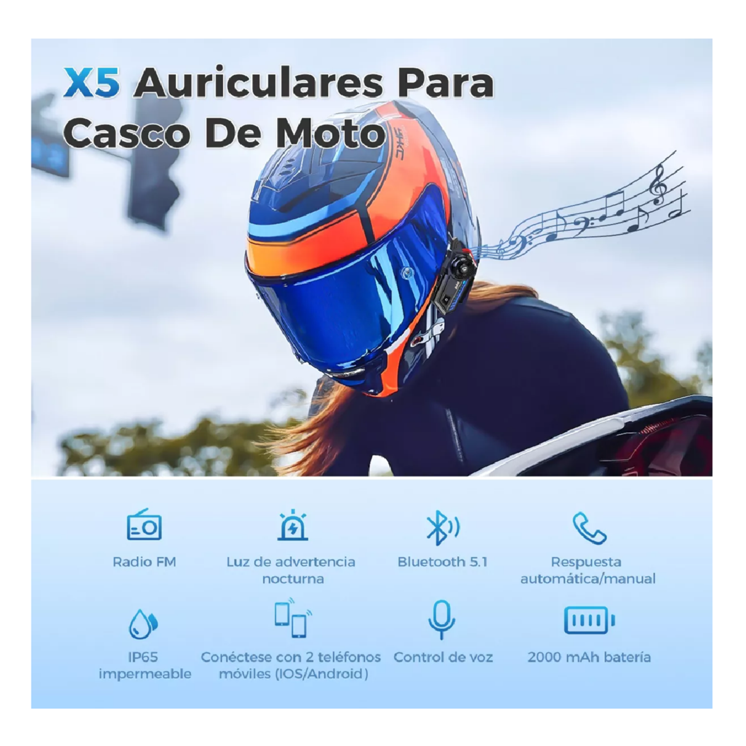 Foto 6 pulgar | Audífonos Para Casco De Motos X5 Bluetooth Fm Impermeables, Belug Negro