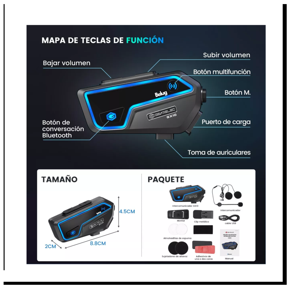 Foto 3 pulgar | Intercomunicador Audífonos Bt 5.2 Para Casco Fm 2000m Ip67 Belug, Negro