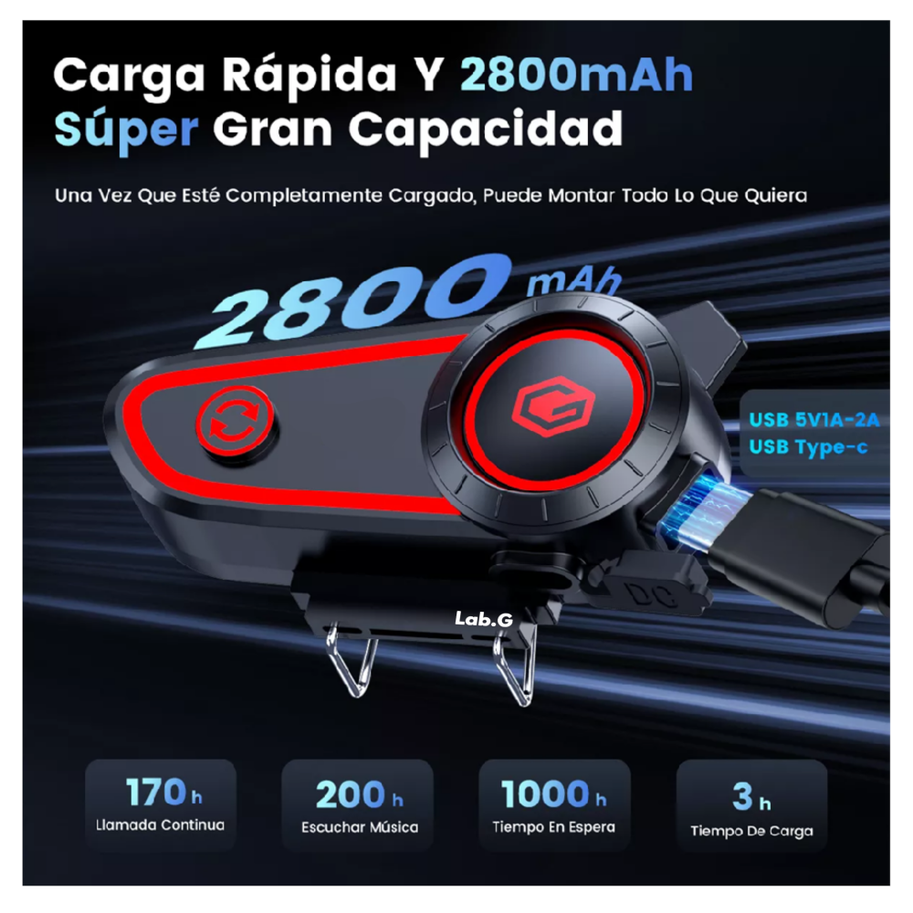 Foto 2 | Audífonos Para Casco De Motos 2800mah Bluetooth5.2 Impermeables Ipx7 Lab.g,  Negro Rojo