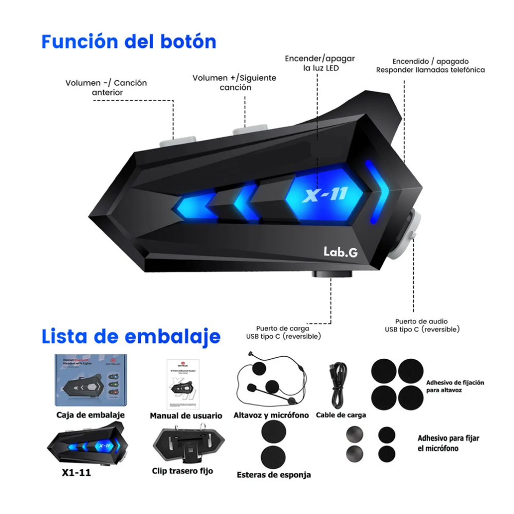 Foto 5 pulgar | Audífonos Para Casco De Motos Bluetooth 5.3 Ip67 Impermeable Lab.g, Negro