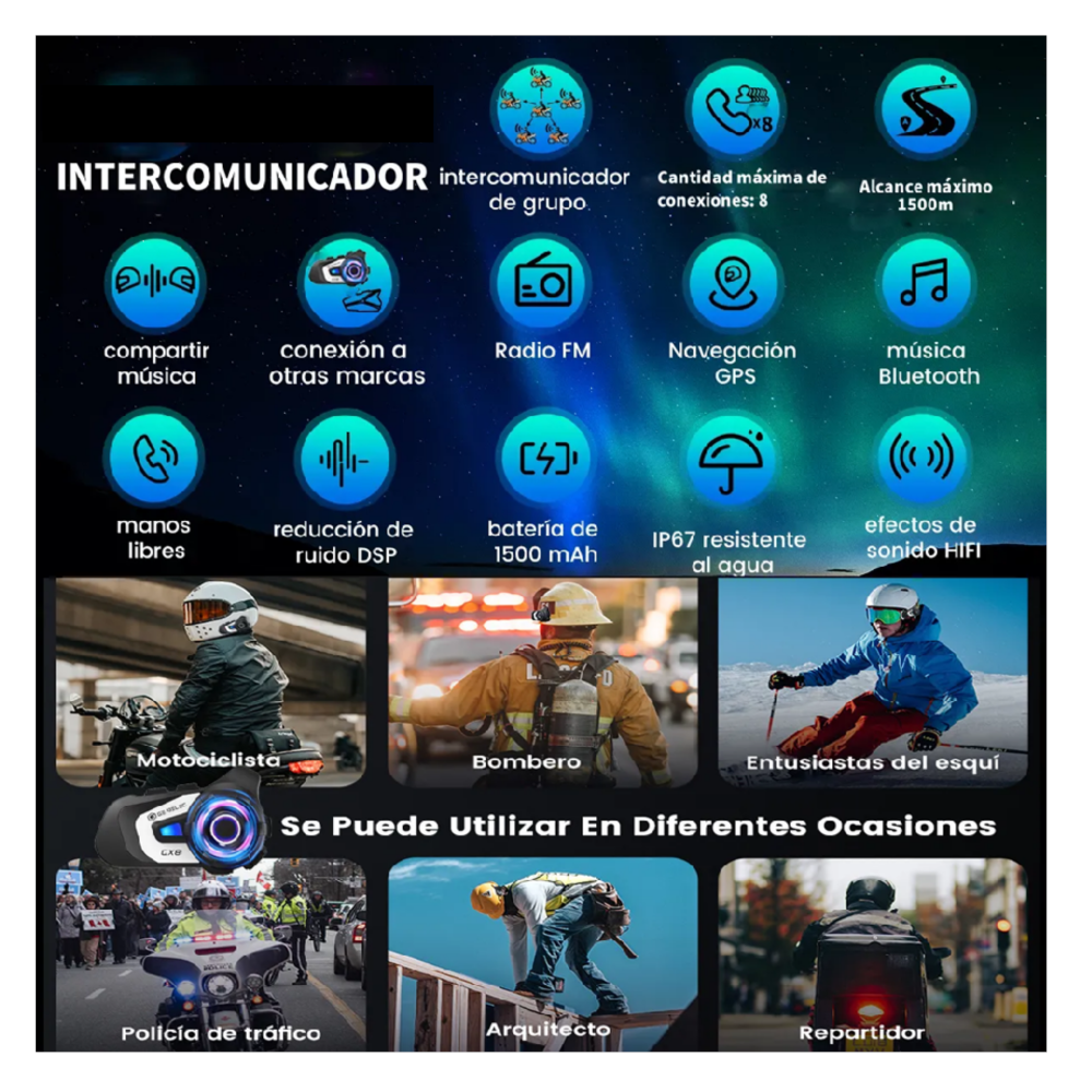 Foto 3 pulgar | Intercomunicador Para Casco De Moto  Compartir Música Fm Radio 1500m Bluetooth Ip67 Lab.g,  Negro Blanco