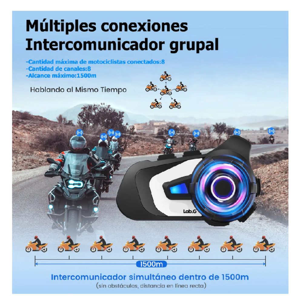 Foto 4 pulgar | Intercomunicador Para Casco De Moto  Compartir Música Fm Radio 1500m Bluetooth Ip67 Lab.g,  Negro Blanco