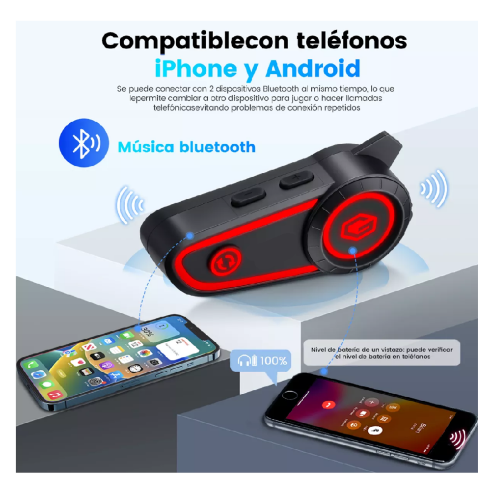Foto 5 pulgar | Audífonos Para Casco De Motos 2800mah Bluetooth5.2 Impermeables Ipx7 Belug,  Negro Rojo