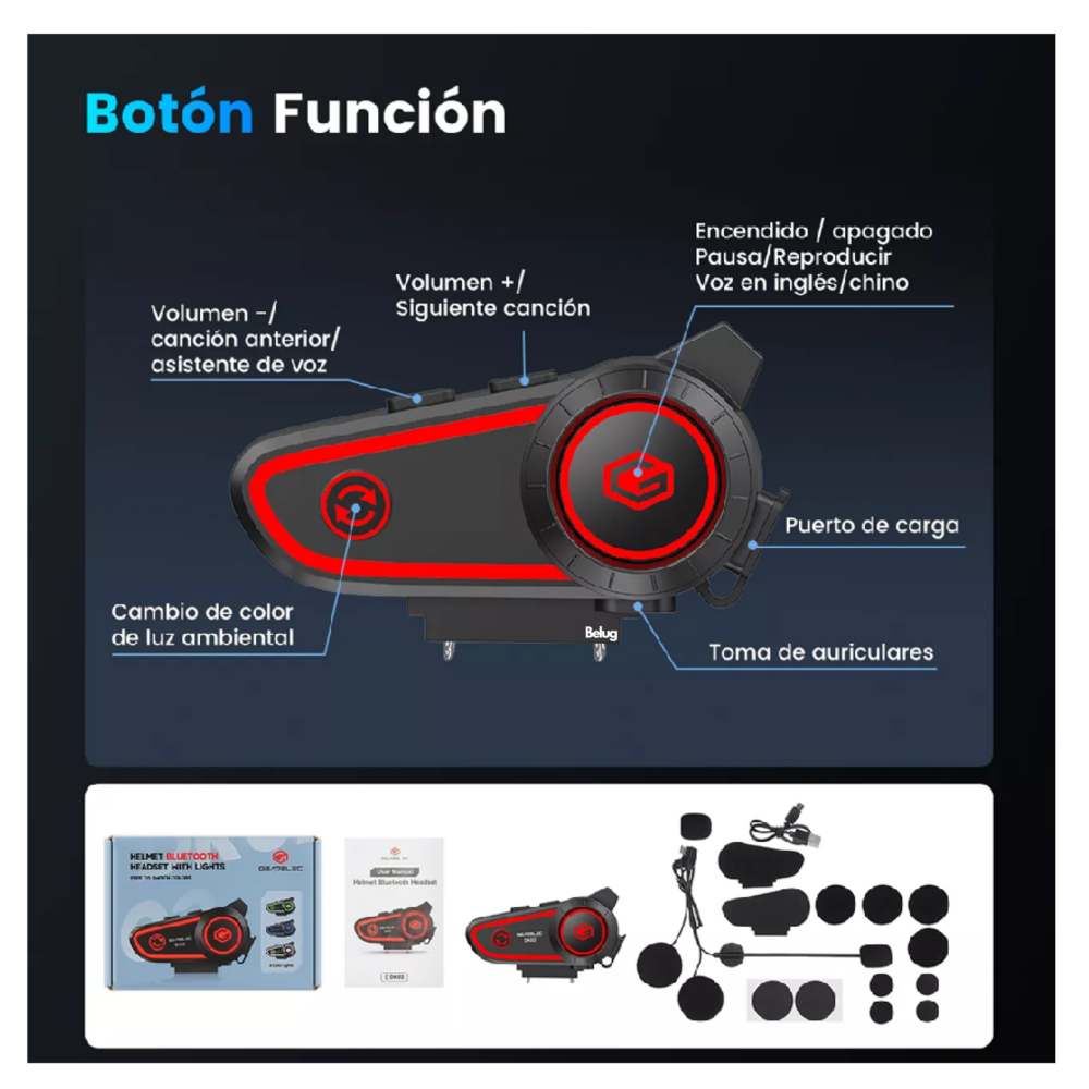 Foto 5 | Audífonos Para Casco De Motos 2800mah Bluetooth5.2 Impermeables Ipx7 Belug,  Negro Rojo