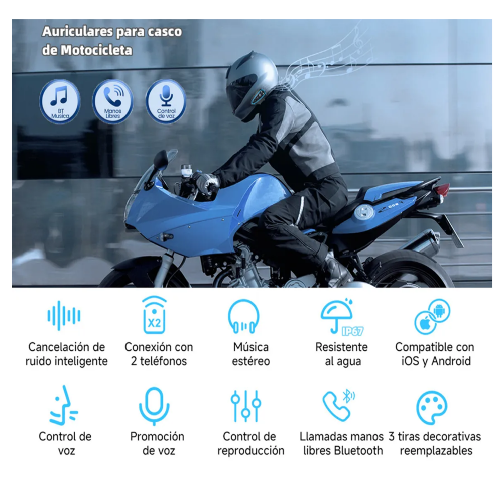 Foto 5 | Audífonos Para Casco De Motos Bluetooth 5.0 Impermeables Ip67 Lab.g, Negro Línea Azul